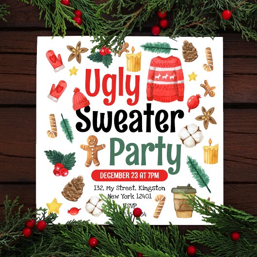  festive ugly Christmas sweater party watercolor 招待状