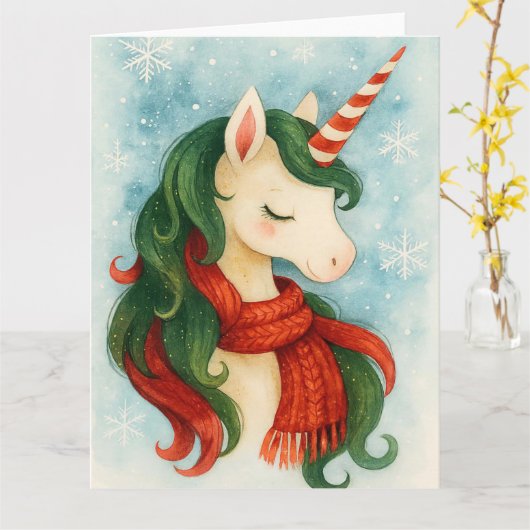 Festive Unicorn Christmas カード (黄色い花)