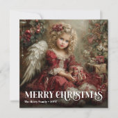 Festive Victorian Angel Burgundy Red Green Xmas シーズンカード (正面)