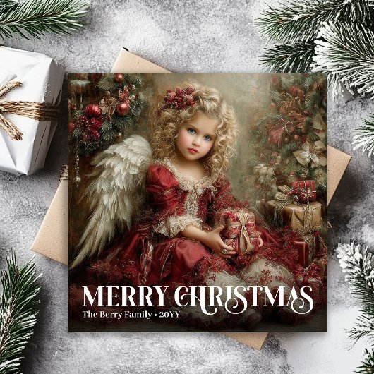 Festive Victorian Angel Burgundy Red Green Xmas シーズンカード