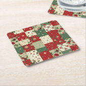 Festive Vintage Christmas Floral Quilt Pattern スクエアペーパーコースター (アングル)