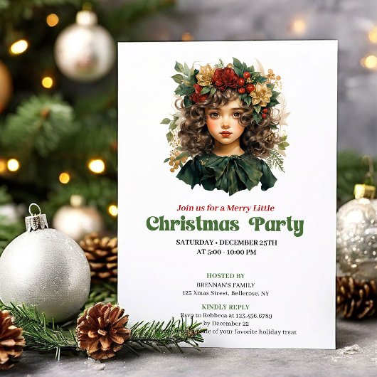 Festive vintage Christmas girl party invitation 招待状