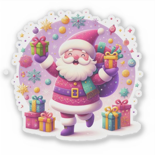 Festive Violet Christmas Sticker With Joyful Santa シール (正面)