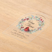 Festive Watercolor Cardinal Wreath Arch Open House アクリル招待状 (レイダウン)