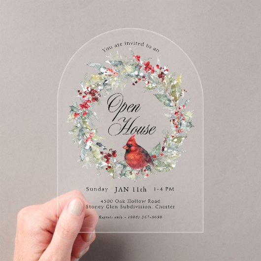 Festive Watercolor Cardinal Wreath Arch Open House アクリル招待状 (インサイチュ (ポータブル))