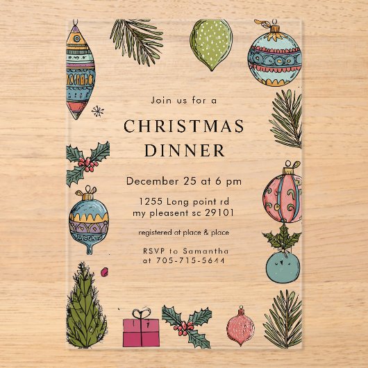 Festive Watercolor Christmas Dinner アクリル招待状 (正面)