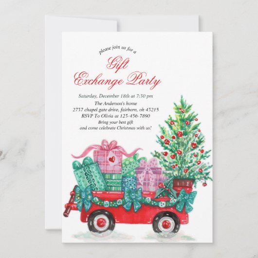 Festive Watercolor Christmas Gift Exchange Party  招待状 (正面)