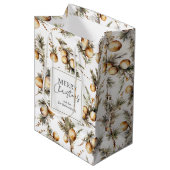 Festive Watercolor Gold Foliage Christmas ミディアムペーパーバッグ (正面アングル)