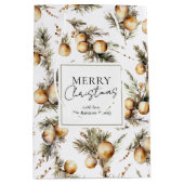 Festive Watercolor Gold Foliage Christmas ミディアムペーパーバッグ (正面)