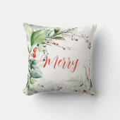 Festive Watercolor Greenery Christmas Merry クッション (正面)
