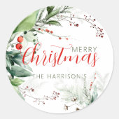 Festive Watercolor Greenery Merry Christmas ラウンドシール (正面)