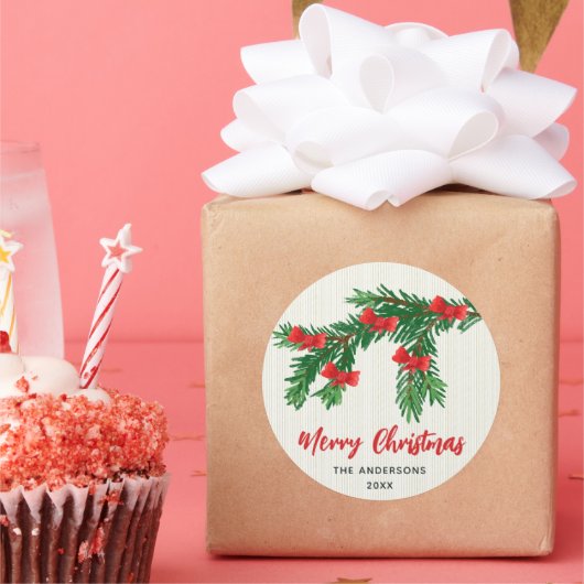 Festive Watercolor Greenery Red Bow Christmas ラウンドシール (パーティー)