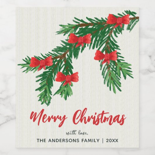 Festive Watercolor Greenery Red Bow Christmas ワインラベル (シングルラベル)