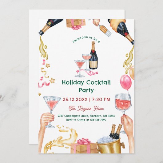 Festive Watercolor Holiday Cocktail Party 招待状 (正面/裏面)
