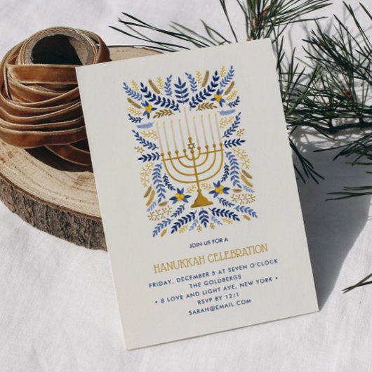  festive watercolor menorah フローラル ハヌカ パーティー 招待状