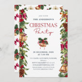 Festive Watercolor Pines Berries Christmas Party 招待状 (正面/裏面)