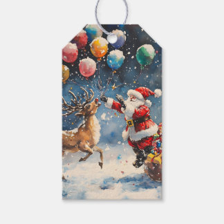 Festive Watercolor Santa Reindeer Colorful Balloon ギフトタグ