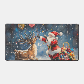 Festive Watercolor Santa Reindeer Colorful Balloon デスクマット