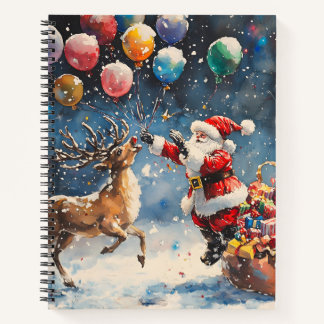 Festive Watercolor Santa Reindeer Colorful Balloon ノートブック
