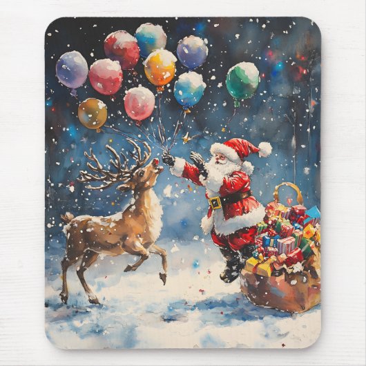 Festive Watercolor Santa Reindeer Colorful Balloon マウスパッド (正面)