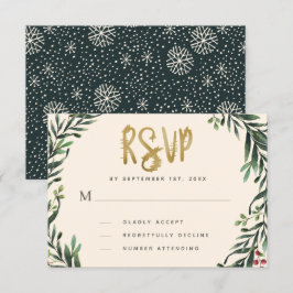 Festive Watercolor Wreath Gold Wedding 出欠カード