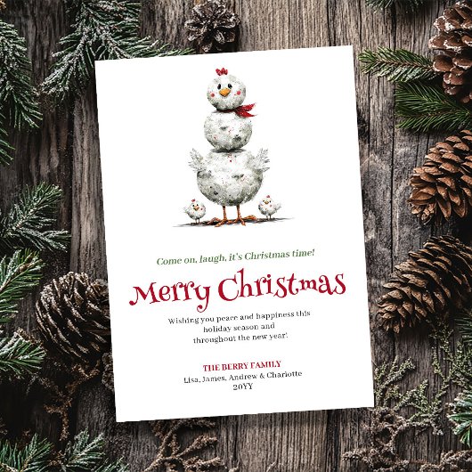 Festive Whimsical Chickens Christmas Greeting Card シーズンカード