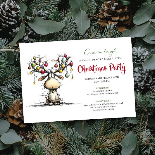 Festive whimsical reindeer Christmas party invite 招待状