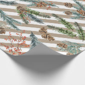 Festive White Stripe Pine Spruce Kraft Holiday ラッピングペーパー (角)