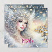 Festive White Watercolor Ethereal Frost Snow Angel シーズンカード (正面/裏面)