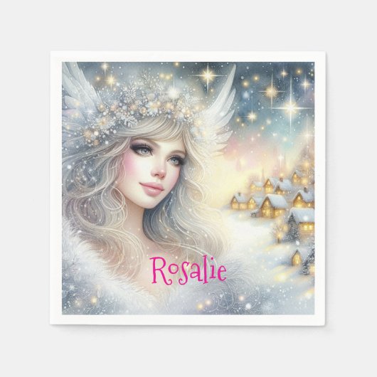 Festive White Watercolor Ethereal Frost Snow Angel スタンダードカクテルナプキン (正面)