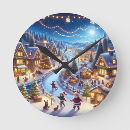 Festive Winter Christmas Village Night ラウンド壁時計 (正面)
