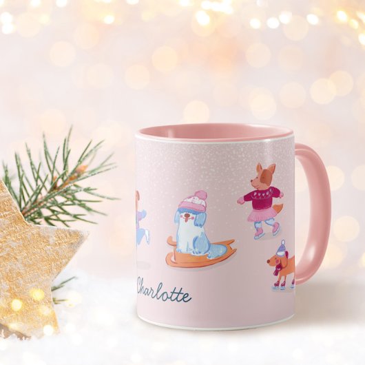 Festive Winter Cute Ice Skating  Dogs Name マグカップ