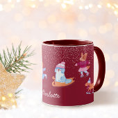 Festive Winter Cute Ice Skating  Dogs Red Name マグカップ