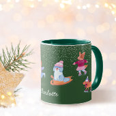 Festive Winter Iceskating Dogs Xmas Green Name Mug マグカップ