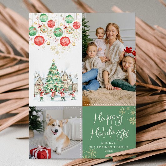 Festive Winter Scene Happy Holidays Green 2 Photo シーズンカード