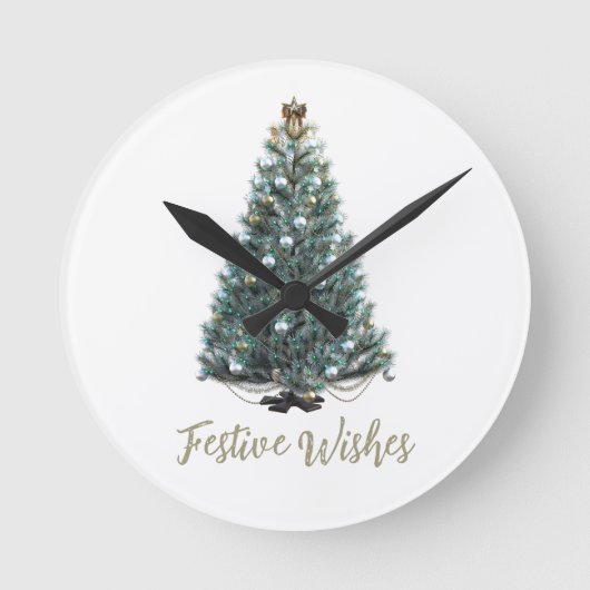Festive Wishes. Christmas tree design ラウンド壁時計 (正面)