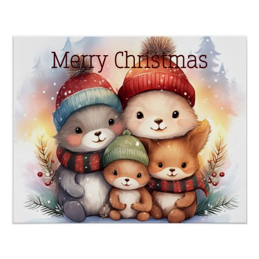 Festive Woodland Animal Family Merry Christmas ポスター (正面)