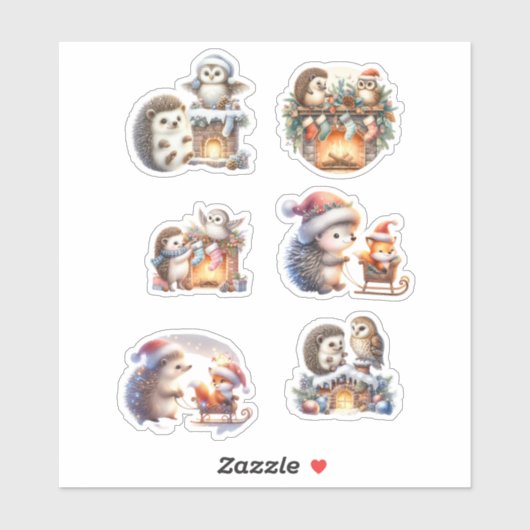 Festive Woodland Animal Stickers – Hedgehogs, Owls シール (シート)