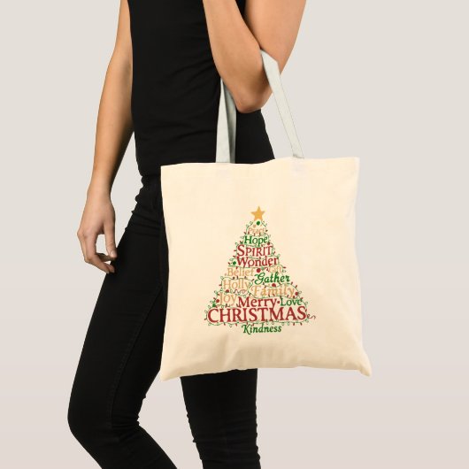 Festive Word Art Christmas Tree | Peace Hope Joy  トートバッグ (正面(商品))