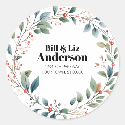 Festive Wreath Leaves Berries Sticker ラウンドシール (正面)