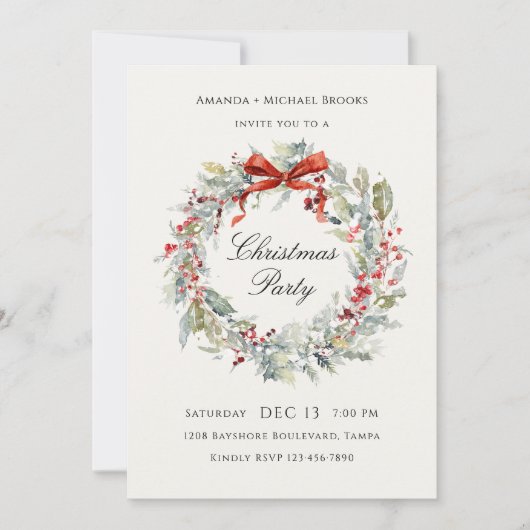 Festive Wreath Red Bow Christmas Party 招待状 (正面)