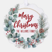 Festive Wreath with Red Berries and Eucalyptus  オーナメントカード (正面)