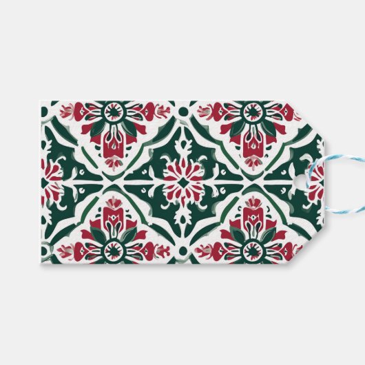 Festive Xmas Tree Pattern Red, Green & Gold ギフトタグ (正面(横))