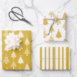 Festive Yellow and White Christmas Tree Pattern ラッピングペーパーシート