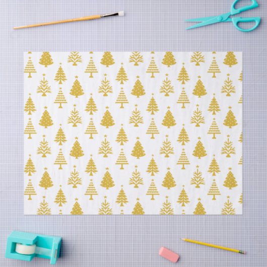 Festive Yellow and White Christmas Tree Pattern 薄葉紙 (クラフト)