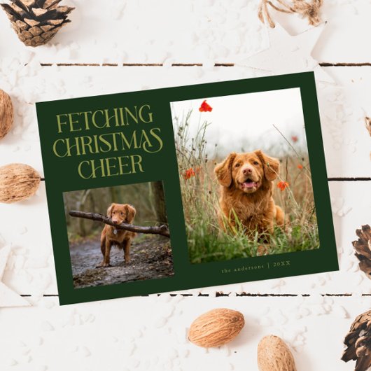 Fetching Christmas Cheer Green Dog Photo シーズンカード