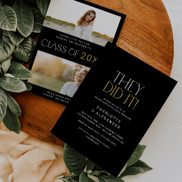 Fete黒モダン金ゴールド写真二重卒業 招待状
