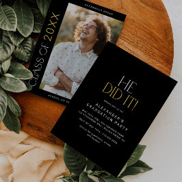 Fete モダン Black金ゴールド彼はそれを撮影した卒業 招待状