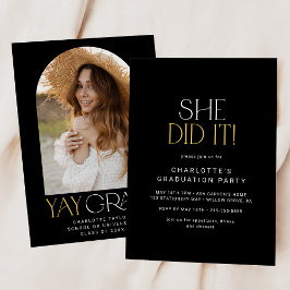 Fete モダン Black金ゴールド彼女はそれを撮影した卒業 招待状