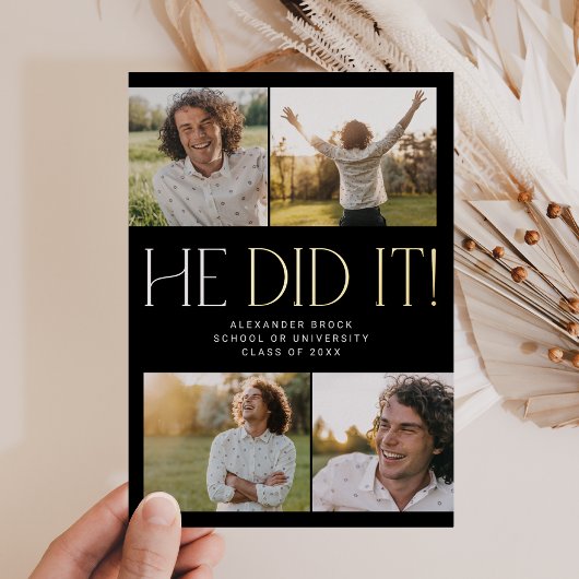 Fete モダン Foil Black彼はそれを撮影した卒業 箔招待状